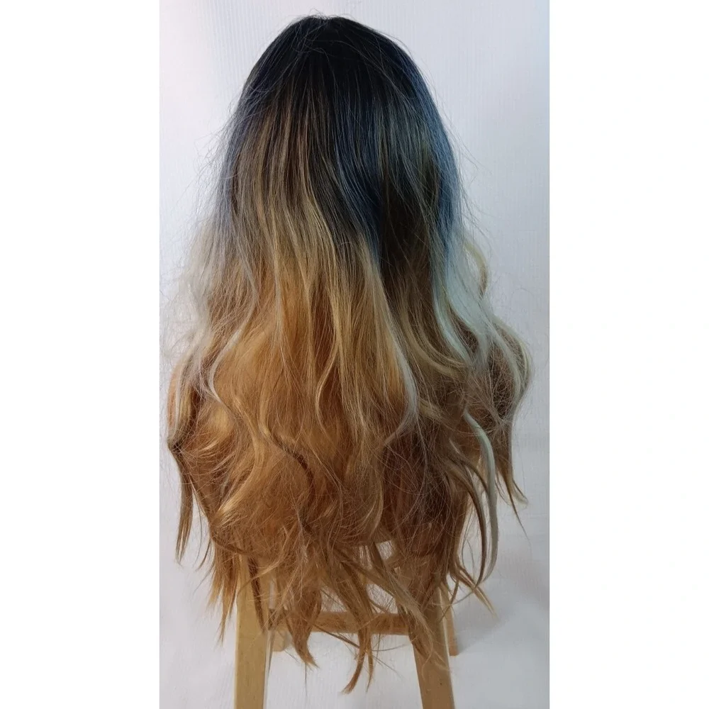 Women's Wavy synthetic layered Ombre Light Copper Brown middle part hair wig 25